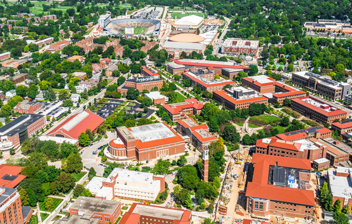 aerial of campus in summer