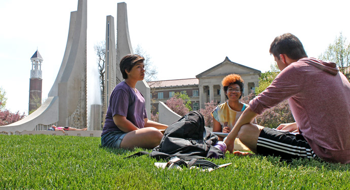 students studying together on the grass beside the engineering fountain with the sun shining brightly