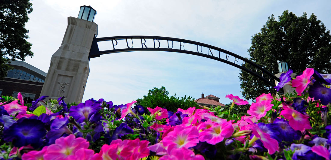 Purdue arch with flowers