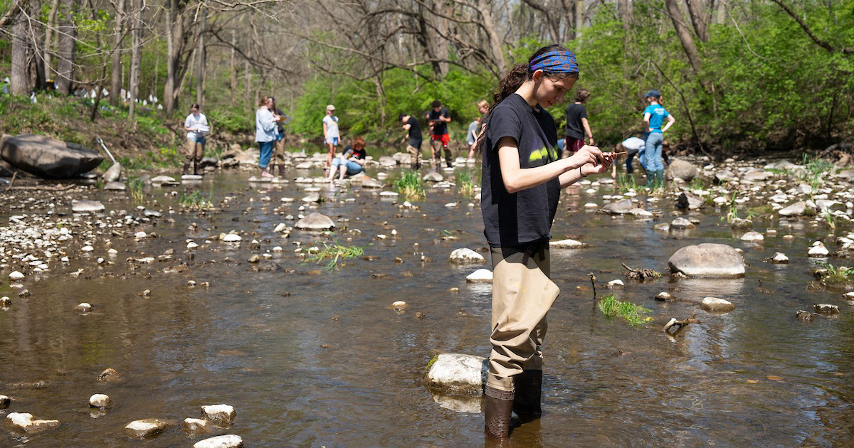 A student takes measurements standing in the middle of a creek with the rest of the class in the background