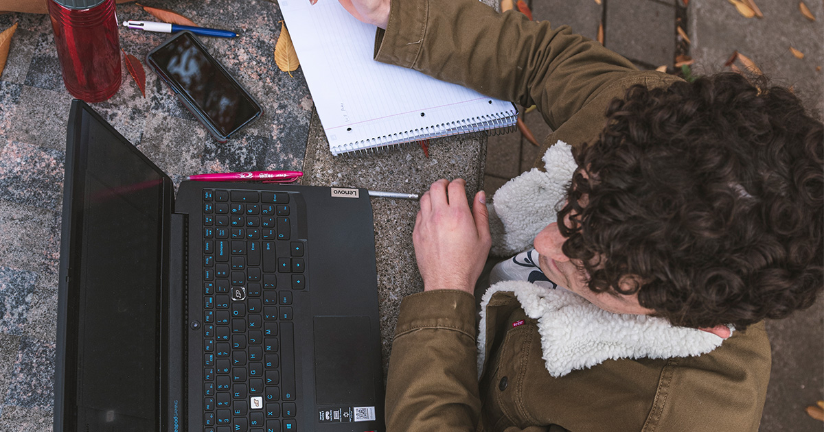 Top view of student studying