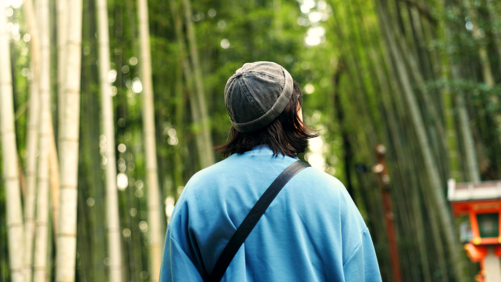 A student walks into bamboo forest in Ariyishiyama, Kyoto, Japan