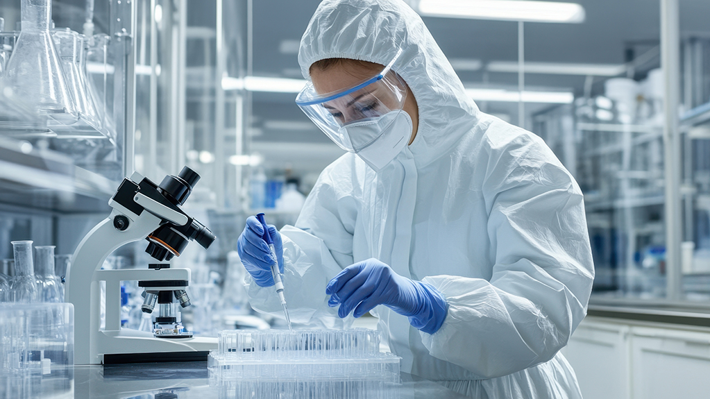 A student wears protective gear in a laboratory