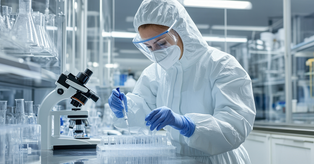 A student wears protective gear in a laboratory