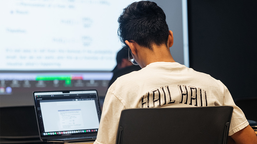 student from behind on his computer