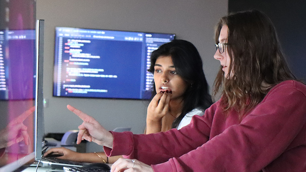 students work together looking at computer monitors