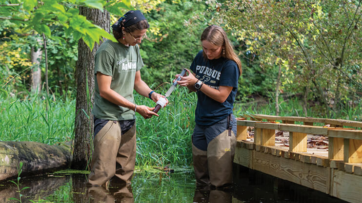 Students conducting field study in pond.