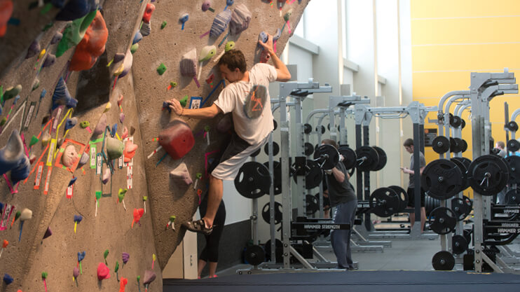 Student indoor rock climbing.