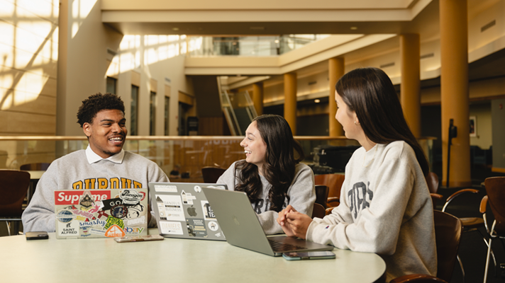 three Mitch Daniels School of Business students work on computers