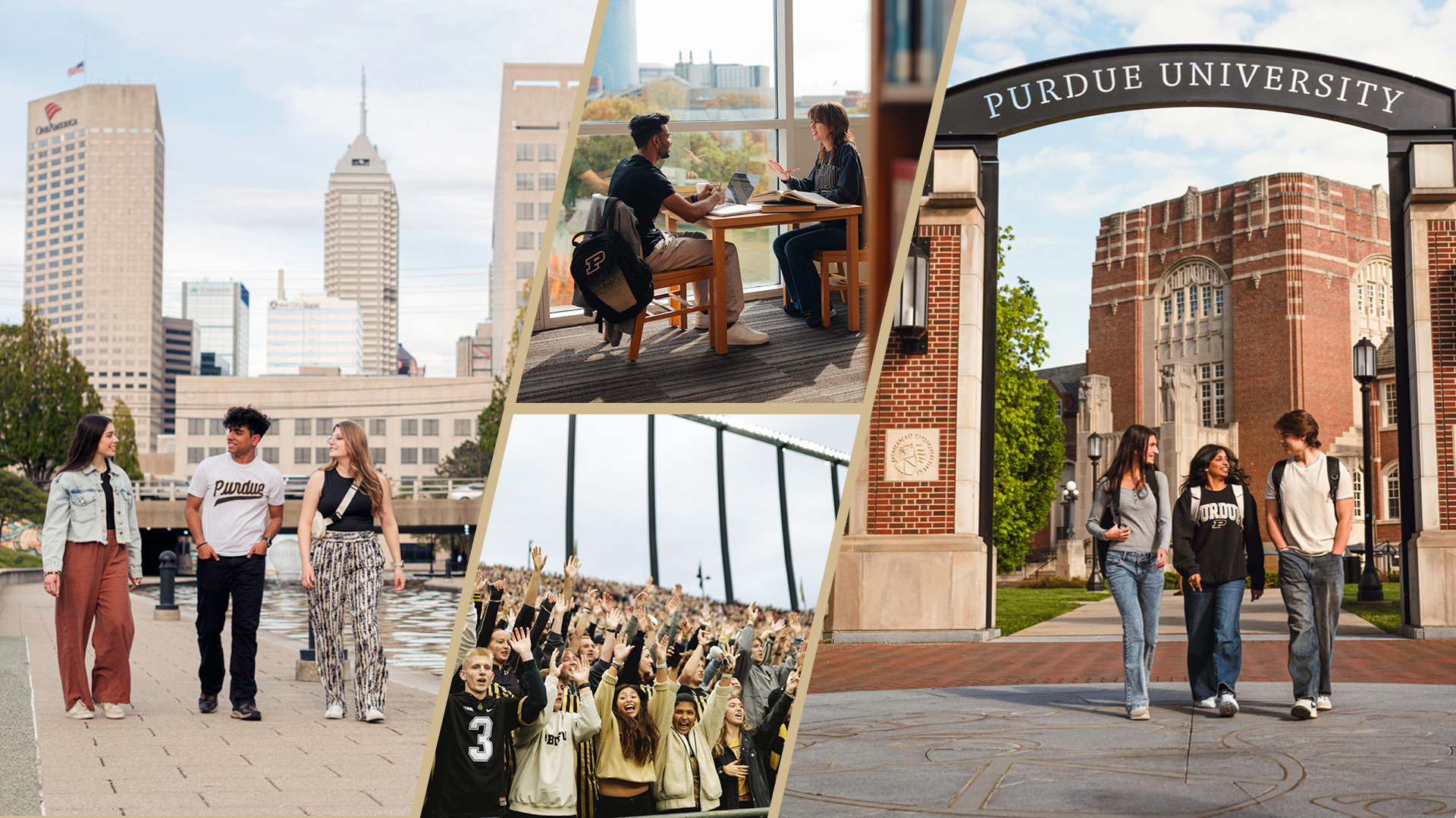 Collage of campus scenes from Purdue's West Lafayette and Indianapolis campuses.