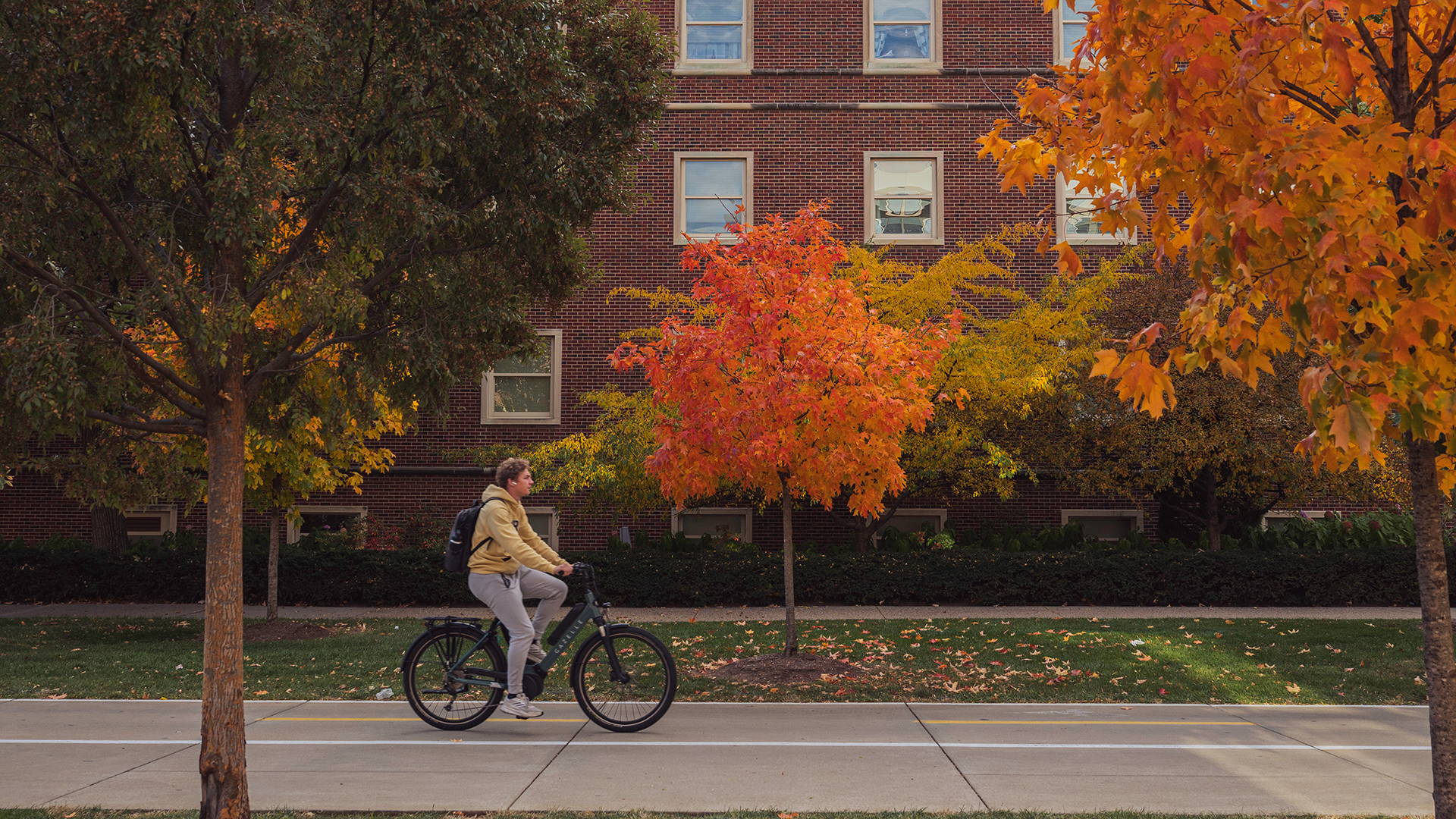 Student riding bike on campus in the fall
